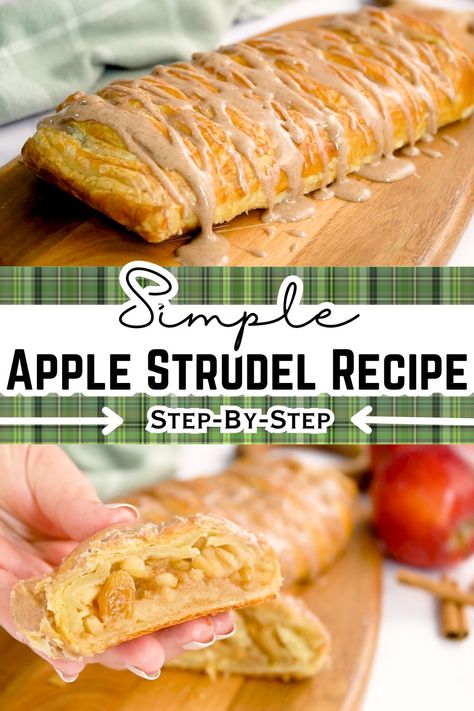 Classic apple strudel made with fresh apples, cinnamon, nutmeg and puff pastry... For the perfect fall dessert that's easy to make! This easy recipe comes with step by step instructions easy enough for beginners! Easy Apple Strudel Recipe Puff Pastry, Apple Strudel Recipe, Apple Strudel With Phyllo Dough, Strudel With Fried Apples, Pepperidge Farm Puff Pastry Recipes Apple Strudel, Easy Apple Strudel Recipe, Easy Apple Strudel, Strudel Recipes, Family Baking