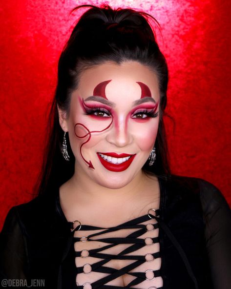 Devil Horn Makeup, Cute Devil Makeup Halloween, Glam Devil Makeup, Devil Glam Makeup, Devil Makeup Simple, Kids Devil Makeup, Makeup Diable, Devil Makeup Halloween Easy, Red Devil Makeup Halloween