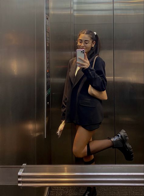 Thrifted oversized black blazer, mesh knee high socks, mesh socks outfit, chunky boot outfit, prada boot dupe, pigtails Black Knee High Socks Outfit, Mesh Socks Outfit, Black Socks Outfit, Chunky Boot Outfit, Oversized Black Blazer, Knee High Socks Outfit, Elevator Selfie, Black Knee High Socks, High Socks Outfits