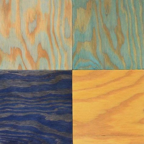 Wood Stain Patterns, Stained Plywood Kitchen, Stained Plywood Walls, Colorful Wood Stain, Colored Stained Wood, Coloured Plywood, Stain Plywood, Colored Plywood, Color Washed Wood