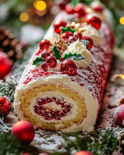 Easy Cake Roll Hack, Christmas Dessert Roll Cake, Roll Cake Christmas Decoration, Holiday Cake Roll Recipes, Cake Roll Flavors, Jelly Roll Cakes Recipe, Christmas Roll Cake Recipe, Log Roll Cake Christmas, Bush Noel Cake Christmas