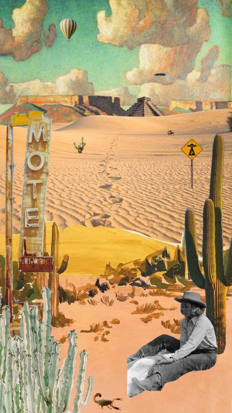 #desert #cowboy #cactus #vintage Desert Collage Art, Desert Poster Design, Retro Desert Aesthetic, Vintage Texas Aesthetic, California Cowboy Aesthetic, 70s Cowboy Aesthetic, California Desert Aesthetic, Vintage Desert Aesthetic, Desert Graphic Design