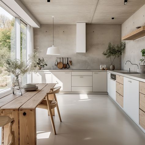 Modern Harmony: Our White Kitchen with Warm Wooden and Cool Concrete Accents 🍽️🏡 Immerse yourself in the perfect blend of clean white aesthetics, the warmth of wood, and the industrial touch of concrete. Discover the art of creating a kitchen that’s both contemporary and inviting. Explore the balance of textures and tones in achieving a harmonious culinary space. #HomeDecor #WhiteKitchen #WoodenAccents #ConcreteDesign #InteriorInspiration #KitchenGoals White Kitchen Concrete Floor, Concrete Floors Kitchen, White Concrete Kitchen, Concrete Floor Kitchen, Modern Farm Kitchen, Kitchen Concrete Floor, White Concrete Floors, Concrete Kitchen Floor, White Contemporary Kitchen