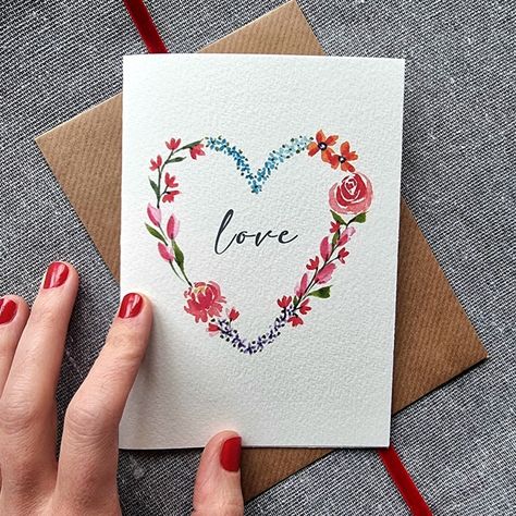 Heart Shaped Valentines Cards, Name Day Card, Valentines Day Cards Handmade, Valentines Watercolor, Funny Valentines Cards, Watercolour Cards, Mixed Flowers, Bff Birthday Gift, Hand Painted Card