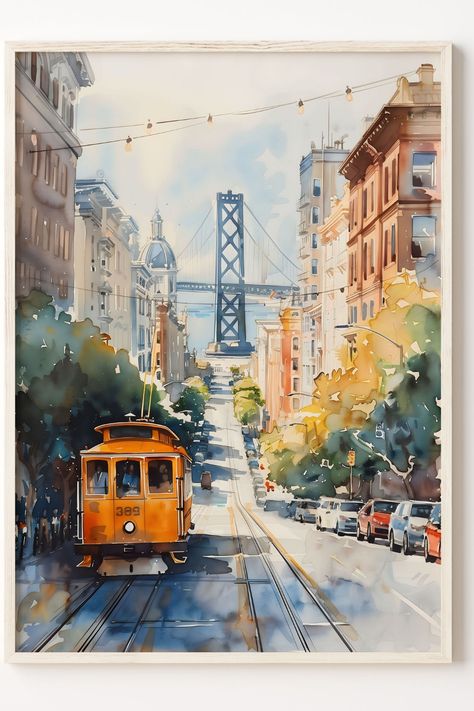 Watercolor painting of the Golden Gate Bridge in San Francisco Bridge Watercolor, City Wall Art, Cozy Nook, Ideal Wedding, Favorite City, Personalized Wedding Gifts, Golden Gate Bridge, Golden Gate, New Yorker