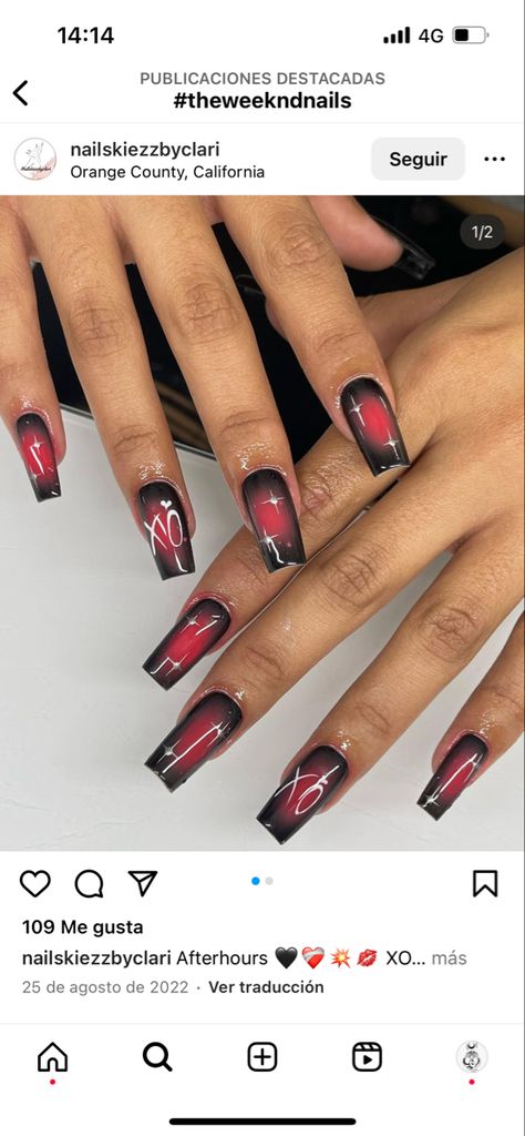 Nails Acrylic The Weeknd, 21 Savage Nails Inspiration, Xo Weeknd Nails, The Weeknd Nails Design Starboy, 21 Savage Nails, The Weekend Inspired Nails, The Weeknd Themed Nails, 1111 Nails, Starboy Nails