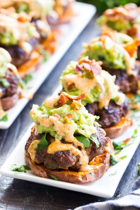 Loaded Taco Sweet Potato Sliders Guacamole Chipotle, Potato Sliders, Sweet Potato Sliders, Potato Buns, Paleo Running Momma, Mini Hamburger, Paleo Menu, Sweet Potato Buns, Appetizer Party