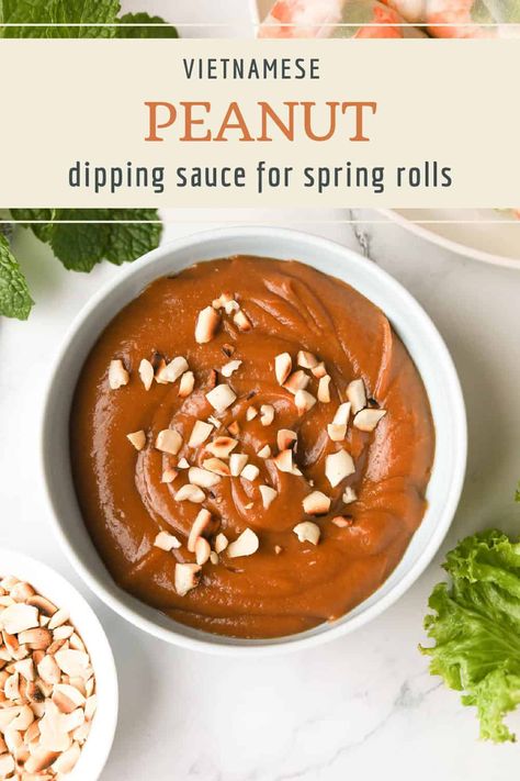 5 Minute Peanut Dipping Sauce for Spring Rolls - A Peachy Plate Peanut Sauce For Salad Rolls, Peanut Butter Sauce For Spring Rolls, Peanut Dipping Sauce For Spring Rolls, Peanut Sauce For Spring Rolls, Spring Roll Peanut Sauce, Spring Roll Dipping Sauce, Sauce For Spring Rolls, Rice Paper Spring Rolls, Homemade Spring Rolls