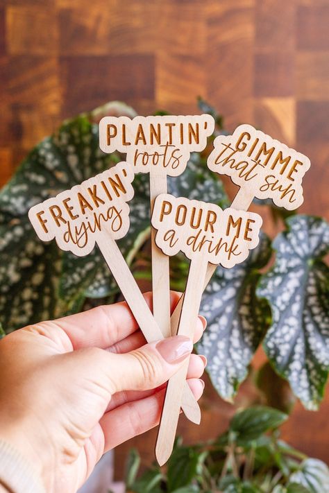 "Funny Wooden Plant Markers These funny wooden plant markers make an adorable addition to your potted indoor plants or garden! Give your plants personality by choosing your favorite plant sayings or we can create a custom saying for you! These make for the best gift to any plant lover as well! ♥ Choose your favorite sayings from our drop down menu ♥ Want a CUSTOM saying? Choose \"custom\" from the drop down menu and add what you would like it to say in the personalization box! ♥ Made from Unfinished Baltic Birch PlyWood  ♥ Approximate Dimensions: 5.25\" tall and 1/8\" thick (width depends on how long the saying you choose is) ♥ Laser Engraved  ♥ Price is per 1 plant stake ♥ Each plant sign is one-of-a-kind, wood grain and color WILL VARY slightly on each one which adds to the natural beaut Plant Sayings, Plant Accessories, Plant Signs, Plant Pot Design, Plant Stakes, Laser Cut Wood Crafts, Laser Engraved Ideas, Plant Tags, Favorite Sayings