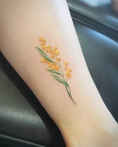 Yellow Flower Tattoos, Butterfly With Flowers Tattoo, Tiny Flower Tattoos, Tattoos To Cover Scars, Flower Balls, Native Tattoos, Yellow Cloud, Australian Wildflowers, Mimosa Flower