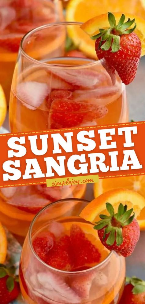 Sunset Sangria, easy 4th of july drinks, summer cocktail ideas Summer Sangria Recipes, Sangria Drink, Strawberry Sangria, Sangria Recipes, Wine Cocktails, Alcohol Drink Recipes, Drinks Alcohol Recipes, Alcohol Recipes, Summer Cocktails