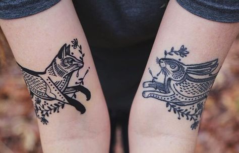 Fox and hare tattoos by David Hale Fox Hare Tattoo, Rabbit Fox Tattoo, Traditional Hare Tattoo, Three Hares Tattoo, American Traditional Bunny Tattoo, Wolf And Rabbit Tattoo, Jackrabbit Tattoo, Hare And Fox Tattoo, Fox And Rabbit Tattoo