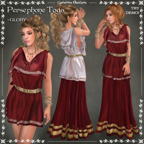 Persephone Toga ~GLORY~ by Caverna Obscura Persephone Costume, Persephone Greek Goddess, Persephone Goddess, Fashion Illustrations Techniques, Goddess Costume, Greek Gods And Goddesses, Hades And Persephone, Sims Hair, Of Outfits