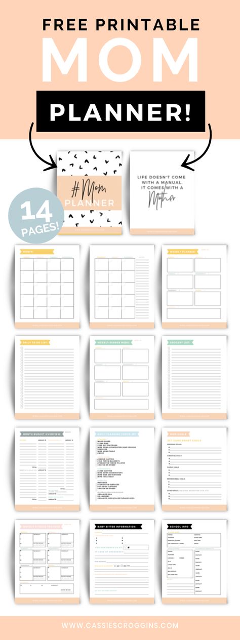 free mom planner full of resourced to help you conquer the mom life! best planner for moms! Get organized with 14 free printable pages to help you keep a schedule, meal plan, budget, clean, set goals, track health, self care, and more! Get it for free! #momplanner #mom #organization #freebie #freeprintable #planner #freeplanner #budgeting #mealplanning #calendar #cleaningchecklist #healthtracker #selfcare #goalsetting #goals #timemanagement #productivity #schoolcontact #free #printable Printables For Moms, Mom Calendar, Single Mom Help, Planner For Moms, Mom Organization, Best Planners For Moms, Planer Organisation, Budget Mom, Free Printable Planner