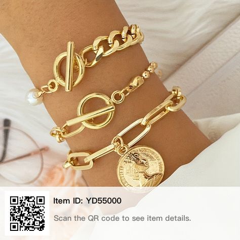 Boho Style Accessories, Gold Pearl Bracelet, Bangle Bracelet Set, Gold Bead Bracelets, Estilo Punk, Bangle Designs, Personalized Bracelets, Bracelets For Women, Coin Pendant