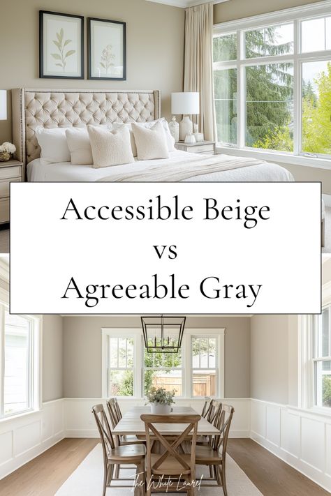 Struggling to decide between Accessible Beige and Agreeable Gray for your walls? 🌟 This guide breaks down the key differences of these neutral paint colors, from undertones to lighting effects, to help you choose the perfect neutral paint color for your space. 🏡✨ Say goodbye to paint color confusion and hello to a stunning home! #AccessibleBeige #AgreeableGray What Color Goes With Accessible Beige, Agreeable Gray Vs Natural Linen, Accessible Beige Sherwin Williams Basement, Worldly Gray Vs Accessible Beige, Agreeable Gray And Accessible Beige, Agreeable Gray Sherwin Williams Basement, Living Room Agreeable Grey Walls, Agreeable Grey Vs Accessible Beige, Sherwin Williams Agreeable Beige