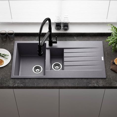 Kitchen Sink Ideas, Granite Composite Kitchen Sink, Small Kitchen Sink, Kitchen Cabinet Organization Ideas, Floating Sink, Granite Composite Sinks, Double Kitchen Sink, Composite Sink, Dark Grey Kitchen