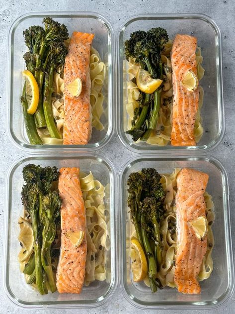 sheet pan dinner with salmon pasta broccolini and capers Salmon With Capers, Pasta Meal Prep, Broccolini Pasta, Sheet Pan Salmon, Salmon Meal Prep, Pan Salmon, Capers Chicken, Salmon Marinade, Meal Prep On Fleek