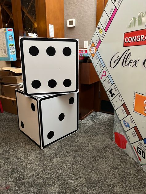 Monopoly Office Decor, Monopoly Decorations Themed Parties, Monopoly Christmas Tree, Giant Monopoly Pieces, Monopoly Birthday Party Ideas, Monopoly Photoshoot, Monopoly Hallway Decorations, Monopoly Themed Party Decor, Monopoly Trunk Or Treat