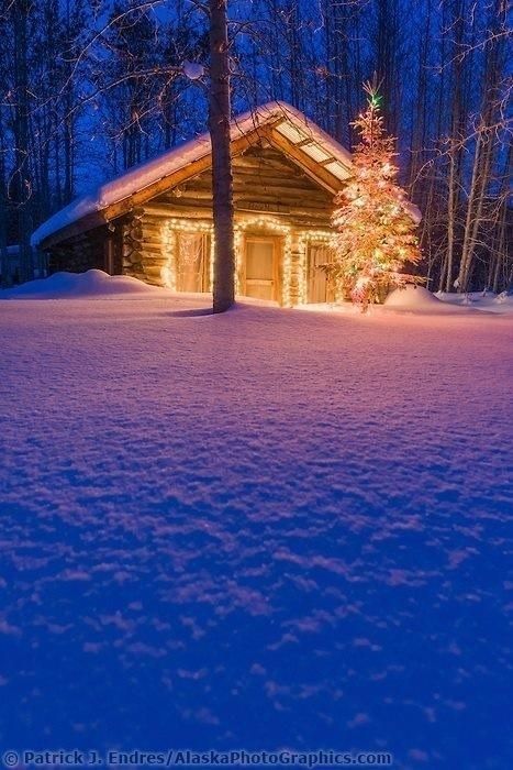 Cabin at night in the snow ~ Alaska Christmas Cabin In The Woods, Cabin Christmas, Winter Cabin, Winter Scenery, A Log, Cabins And Cottages, Cabin Life, Snow Scenes, Christmas Scenes