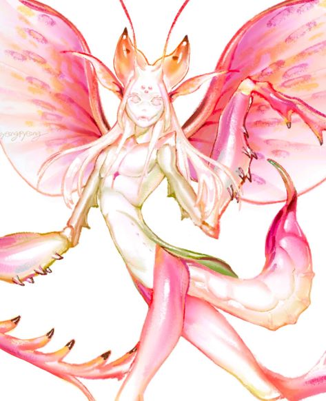 Orchid Mantis Character Design, Orchid Mantis Drawing, Mantis Character Design, Mantis Illustration, Orchid Fairy, Orchid Mantis, Creature Concept Art, Ethereal Art, Creature Concept