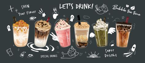 Bubble milk tea design collection,Pearl milk tea , Boba milk tea, Yummy drinks, coffees with doodle style banner, Vector illustration. 2876937 Vector Art at Vecteezy Promotions Design, Advertisement Banner, Pearl Milk Tea, Boba Milk Tea, Tea Illustration, Pearl Tea, Tea Logo, Boba Milk, Boba Drink