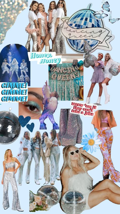 MAMMA MIA BACH PARTY Mamma Mia Karaoke Party, Momma Mia Inspired Outfits, Mamma Mia Party Theme Outfits, Abba Hens Party, Mamma Mia Disco Aesthetic, Mama Mia Hens Party, Mamma Mia Night Party, Disco Mamma Mia Party, Mamma Mia Disco Bachelorette Party