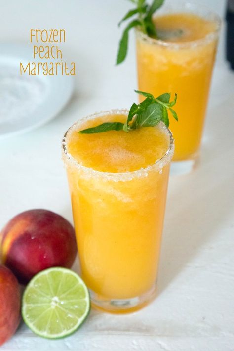 Frozen Peach Margaritas -- These margaritas made with fresh peaches, tequila and honey will become your official summer cocktail | wearenotmartha.com Frozen Peach Margarita, Peach Margarita Recipe, Peach Margarita Recipes, Summer Margaritas, Peach Margarita, Coconut Margarita, Raw Spinach, Mango Margarita, Frozen Margaritas