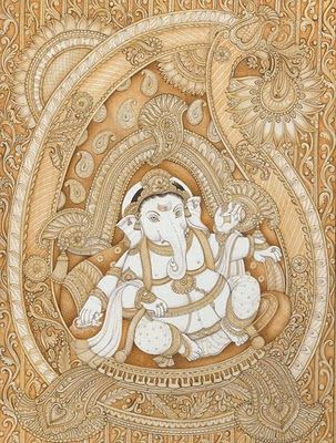 * Kalamkari Ganesha, Om Gam Ganapataye Namaha, Intricate Illustration, 3d Relief Art, Indian Traditional Paintings, Jai Ganesh, Ganesha Drawing, Ganesh Art Paintings, Persian Art Painting