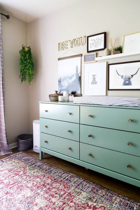 This gender neutral nursery is gorgeous. Tons of great nursery ideas and inspiration for a boy's nursery #nursery #nurserydesign #home #homedecor #diy #diyproject #design Ikea Nursery Dresser Hack, Ikea Malm Dresser Hack Nursery, Diy Ikea Dresser, Ikea Dresser Hacks, Tarva Ikea, Long Drawer Pulls, Ikea Dresser Hack, Ikea Hemnes Dresser, Ikea Tarva Dresser