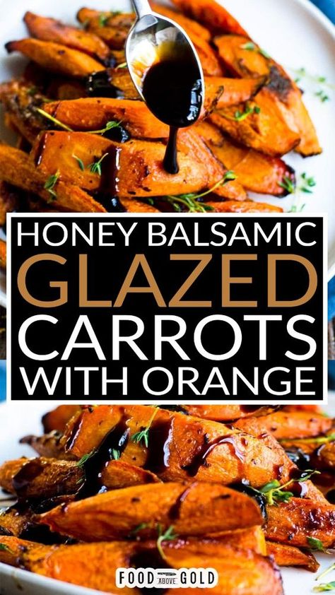 These delicious honey balsamic glazed carrots have a unique sweet and tangy flavor that keeps you coming back for more. Did I mention that they cook in 30 minutes? This honey balsamic glazed carrot recipe cooks the carrots to perfection by exposing more surface area to the heat. (Thank you extreme bias diagonal cut!) Make this Honey Balsamic Glazed Carrots with and Orange Recipe! | @foodabovegold Balsamic Glazed Carrots, Carrots In Oven, Glazed Carrot, Balsamic Carrots, Honey Balsamic Glaze, Honey Carrots, Carrot Recipe, Glazed Carrots Recipe, Honey Glazed Carrots