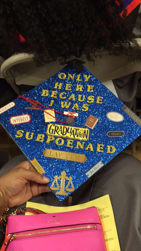 class of 2016 " only here because I was subpoenaed " #lawyer #crjumajor #graduationcaps I was asked if I was a fashion major because of my cap Law Cap Decoration, Law School Cap Decoration, Law Degree Graduation Cap, Lawyer Cap Ideas, Paralegal Graduation Cap, Law School Grad Cap, Graduation Cap Designs Law, Next Stop Law School Grad Cap, Lawyer Graduation Cap