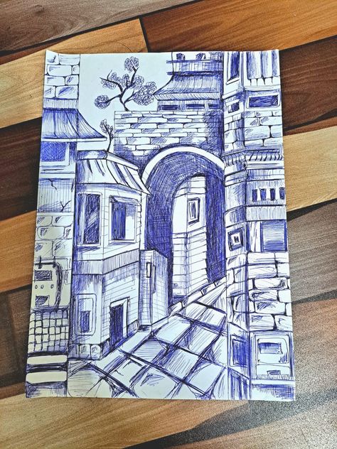 Inspiration- @shivangi sah A3 Sheet Drawing, Shivangi Sah Painting, Blue Pen Art Simple, Urban Sketching Pen, Shivangi Sah, Blue Sketches, Pen Sketching, Sketch Study, Painted Shoes Diy