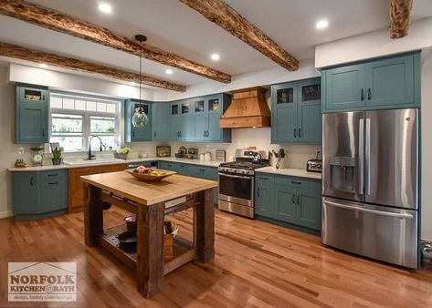 Teal Farmhouse Kitchen With Wood Accents | Norfolk Kitchen & Bath Teal Farmhouse Kitchen, Kitchen With Wood Accents, Turquoise Kitchen Cabinets, Teal Kitchen Cabinets, Teal Cabinets, Functional Kitchen Design, Turquoise Kitchen, Teal Kitchen, Kitchen Showroom