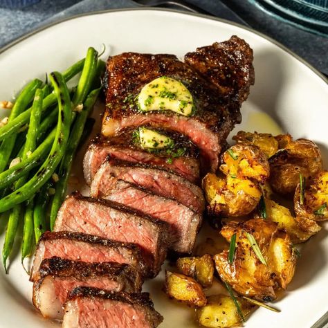 New York Strip Steak Dinner Ideas, New York Strip Steak Recipes, Ny Strip Steak Recipes, Roasted Potatoes And Green Beans, Herb Compound Butter, Crispy Roasted Potatoes, Steak Sides, New York Strip Steak, Strip Steak Recipe