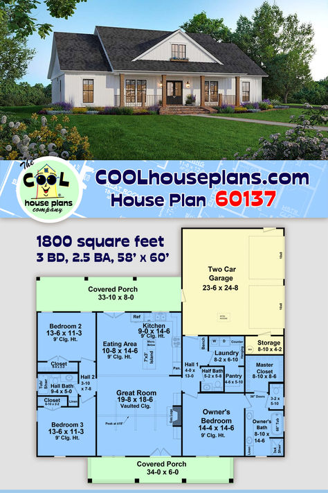 Ranch Style House Plan 60137 with 1800 Square Feet, 3 Bed, 3 Bath, 2 Car Garage Kitchen In Front Of House Floor Plans, 1800 Sq Ft House Plans One Level, 3 Bedroom One Story House Plans, Ranch Home Floor Plans, Country Ranch House, Single Story House Floor Plans, Cool House Plans, Country Ranch, Ranch Style House