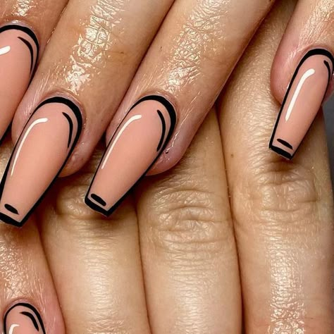 Designs For Square Nails, Black Modern Nail Designs, Different Styles Of French Tip Nails, Nail Pop Art Designs, Outline Nail Art, Simple Classy Nails, Short Nails Gel Designs, Acrylic Nail Designs Pop Art, Pop Art Nails Designs Simple