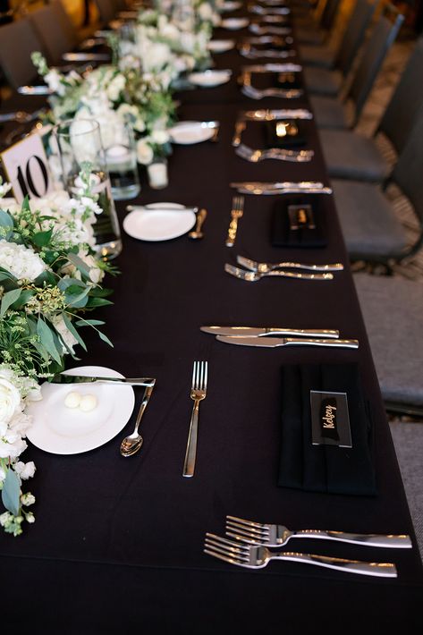 Black Satin Tablecloth Wedding, Black And Ivory Table Setting, Black Linen Table Decor, Black Linen White Plate Wedding, Silver Chargers Wedding Place Settings, Black Tablecloth Wedding Receptions, Black Dinner Plates Table Setting, Wedding Table Settings Black Table Cloth, Wedding Tables Black Tablecloth