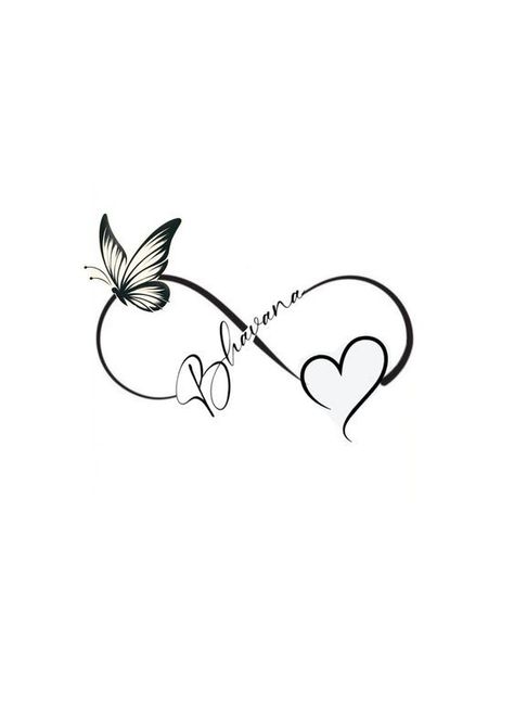 Names In Tattoos Design, Heart And Name Tattoo Ideas, Heart With Name Tattoo Design, Butterfly And Infinity Tattoo, Butterfly With Names Tattoo, Infinity With Name Tattoo, Butterfly Tattoo With Name In Wings, Name With Design Tattoo, Infinity Tattoo With Butterfly