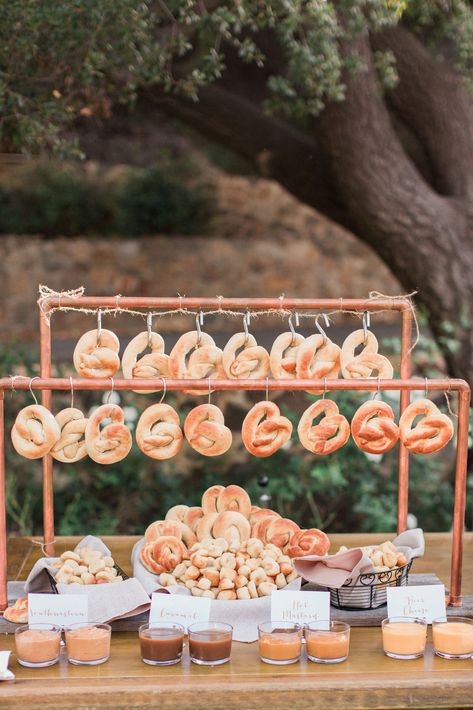 Wedding Reception Food Stations, Wedding Pretzels, Donut Bar Wedding, Wedding Food Bars, Pretzel Bars, Wedding Food Stations, Wedding Snacks, Wedding Donuts, Autumn Wedding Reception