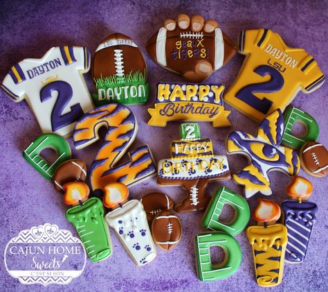 Lsu 1st Birthday, Lsu Football Birthday Party, Lsu Themed Birthday Party, Lsu Cookies, Lsu Cake, Lsu Tailgate, Football First Birthday, Sports Cookies, Sports Themed Cakes