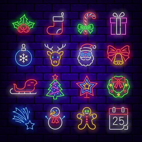 Neon Christmas, Neon Icons, Elf Toy, Pink Neon Sign, Holiday Symbols, Neon Backgrounds, Holiday Promotions, Vector Christmas, Cowboy Christmas