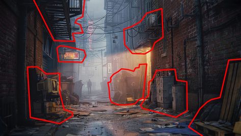 Shabby Back Alley by Maarten Hof"Composition Alley Drawing Reference, Alleyway Concept Art, Back Alley Background, Cyberpunk Back Alley, Alley Way Drawing, Street Concept Art, Back Alley, Cyberpunk Alley, Steampunk City