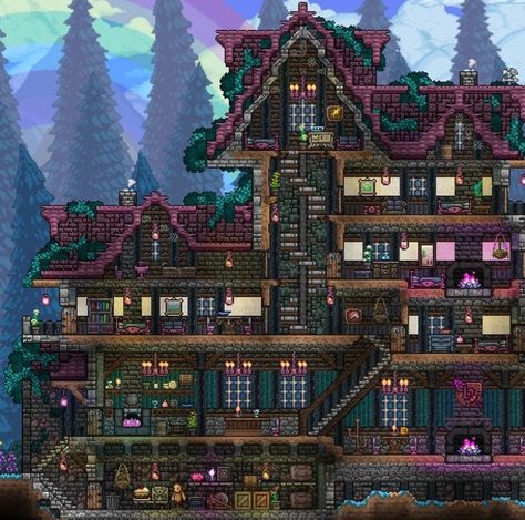 Terraria Gothic House, Terraria Haunted House, Terraria Mountain House, Terraria Roof Design, Terraria Town Ideas, Cute Terraria Houses, Terraria Big House, Terraria Stairs, Terraria Base Ideas