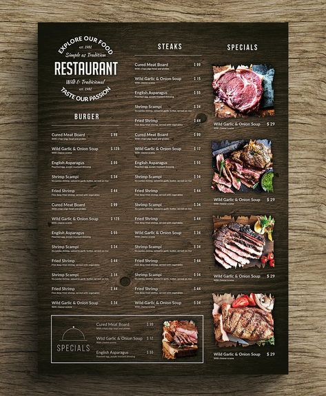 Wood Poster Food Menu Design PSD Meat Menu Design, Bbq Menu Design, Barbeque Menu, Poster Food, Restaurant Dinner, Bbq Menu, Wood Poster, Menu Designs, Food Menu Template