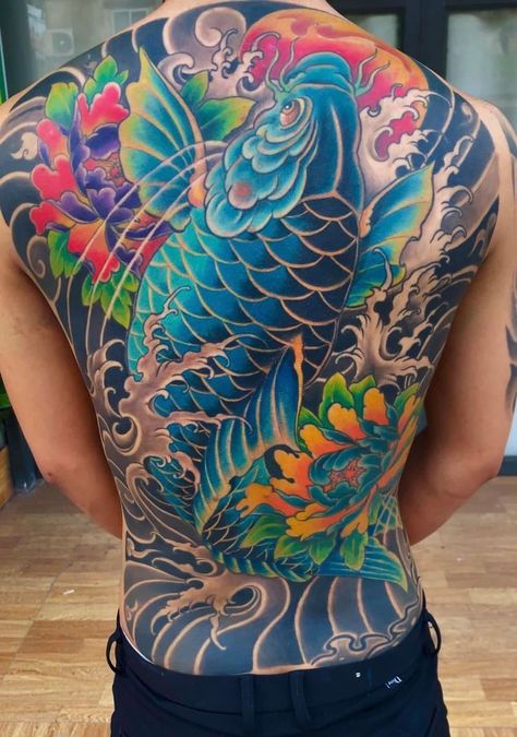 Koi Fish Tattoo Full Back, Chest Tattoo Men Ideas, Tattoo Men Ideas, Daruma Doll Tattoo, Koi Dragon Tattoo, Japanese Hand Tattoos, Koi Tattoo Sleeve, Full Chest Tattoos, Arm Tattoos Drawing