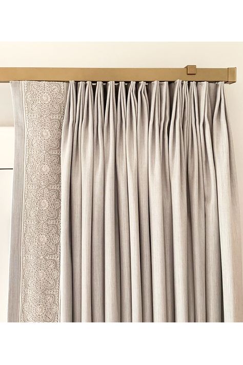 Pairing beautiful neutral custom draperies with gold traverse rods bringing a minimal ring-free look to windows. / Draperies: @ellasdesigns #windowtreatment #draperyhardware #brassrods #curtainrods #drapes customdraperies #traverserods Traverse Rod Curtains Window Treatments, Traverse Curtain Rod Living Rooms, Drapery Rods Ideas, Traverse Rod Curtains, Make Curtains Longer, Master Curtains, Craftsman Curtains, Drapery Inspiration, Traverse Curtain Rod