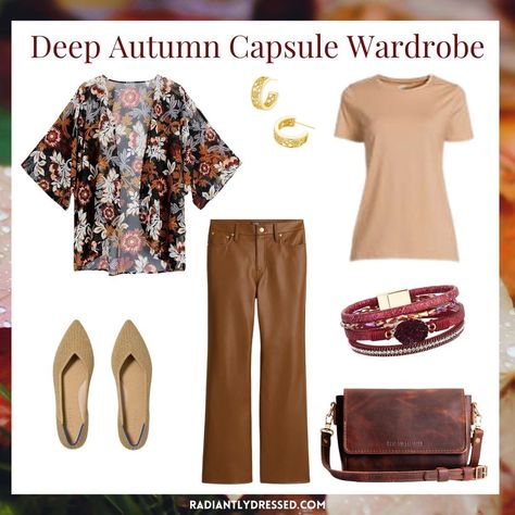 DEEP AUTUMN CAPSULE WARDROBE 7 tops in warm, deep colors 4 bottoms + 2 dresses perfect for Deep Autumn 5 completer pieces to style 4 pair of varied neutral shoes 8 deep and warm accessories Want to learn more about Deep Autumn (or any season)? Comment “EXPLORE” to get the link. #deepautumn #deepautumncolors #deepautumnpalette #deepautumnstyle #darkautumn #darkautumncolors #darkautumncolorpalette #coloranalysis #seasonalcoloranalysis #capsulewardrobe #capsulewardrobechallenge #capsulewardro... Deep Autumn Shoes, Deep Autumn Capsule Wardrobe, Completer Pieces, Deep Autumn Palette, Radiant Woman, Autumn Capsule Wardrobe, Autumn Shoes, Neutral Shoes, Deep Autumn