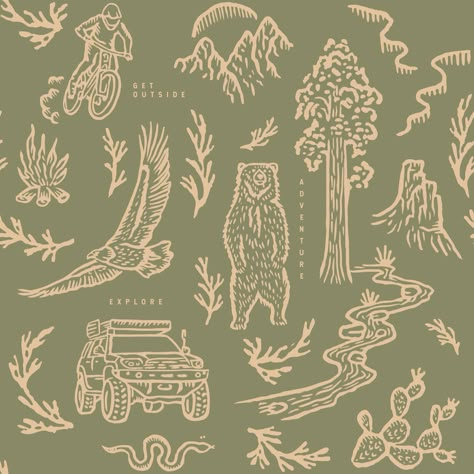 Adventure Awaits (Green) - Hand Drawn Outdoors Inspired Peel and Stick Wallpaper– WALL BLUSH Adventure Awaits Wallpaper, Nature Iconography, Camping Aesthetic Wallpaper, Camp Wallpaper, Nature Graphic Design, Cabin Wallpaper, Orange Peel Wall Texture, Wall Blush, Camping Wallpaper