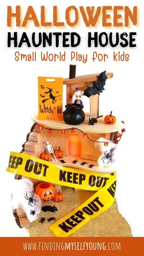 Halloween haunted house for kids Halloween Small World, Haunted House For Kids, Halloween Activities For Toddlers, House For Kids, Scary Haunted House, Pumpkin Pail, Halloween Haunted House, Invitation To Play, Small World Play